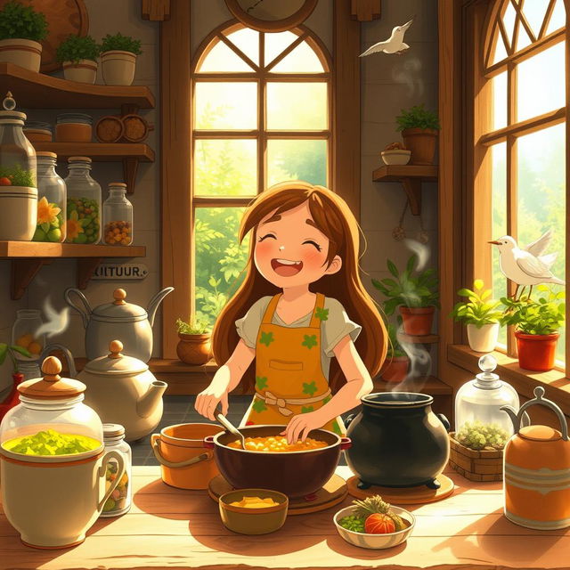 A whimsical Ghibli-inspired scene featuring a young girl joyfully cooking in a cozy, sunlit kitchen