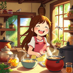 A whimsical Ghibli-inspired scene featuring a young girl joyfully cooking in a cozy, sunlit kitchen