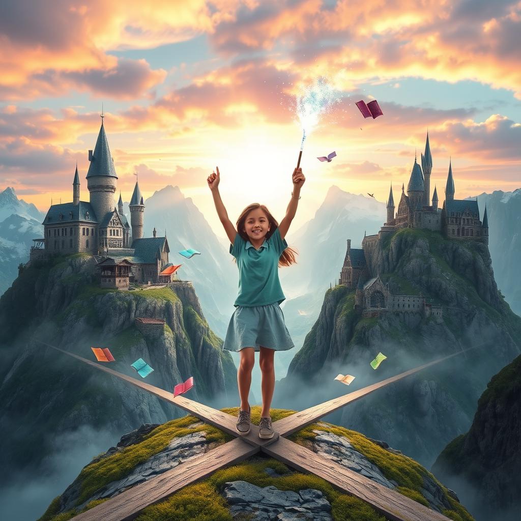 A breathtaking landscape featuring five magical schools perched majestically on top of towering mountains, each unique in architecture and style