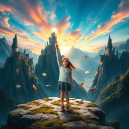 A breathtaking landscape featuring five magical schools perched majestically on top of towering mountains, each unique in architecture and style