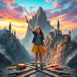 A breathtaking landscape featuring five magical schools perched majestically on top of towering mountains, each unique in architecture and style