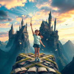A breathtaking landscape featuring five magical schools perched majestically on top of towering mountains, each unique in architecture and style