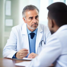 A professional doctor in white coat is having a serious conversation with a patient in a clean, well-lit medical office.