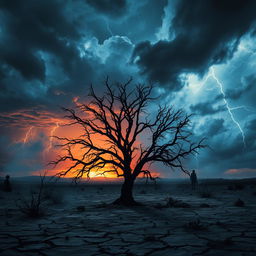 A dramatic and visually striking scene depicting the end of times, with dark, ominous clouds swirling in the sky, bolts of lightning illuminating a fiery horizon
