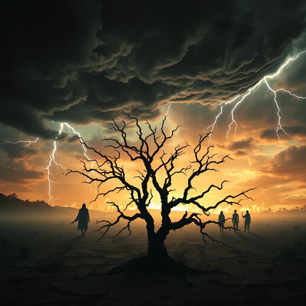 A dramatic and visually striking scene depicting the end of times, with dark, ominous clouds swirling in the sky, bolts of lightning illuminating a fiery horizon