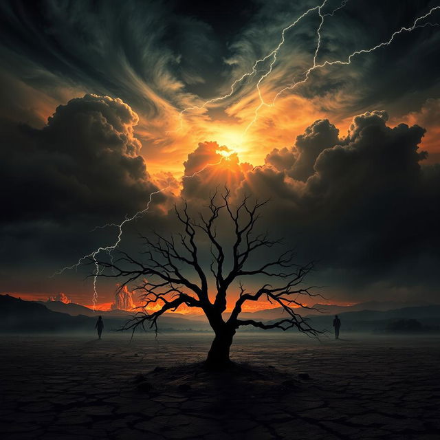 A dramatic and visually striking scene depicting the end of times, with dark, ominous clouds swirling in the sky, bolts of lightning illuminating a fiery horizon