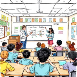 A detailed, hand-drawn illustration showcasing the Rees and Ecker method in education