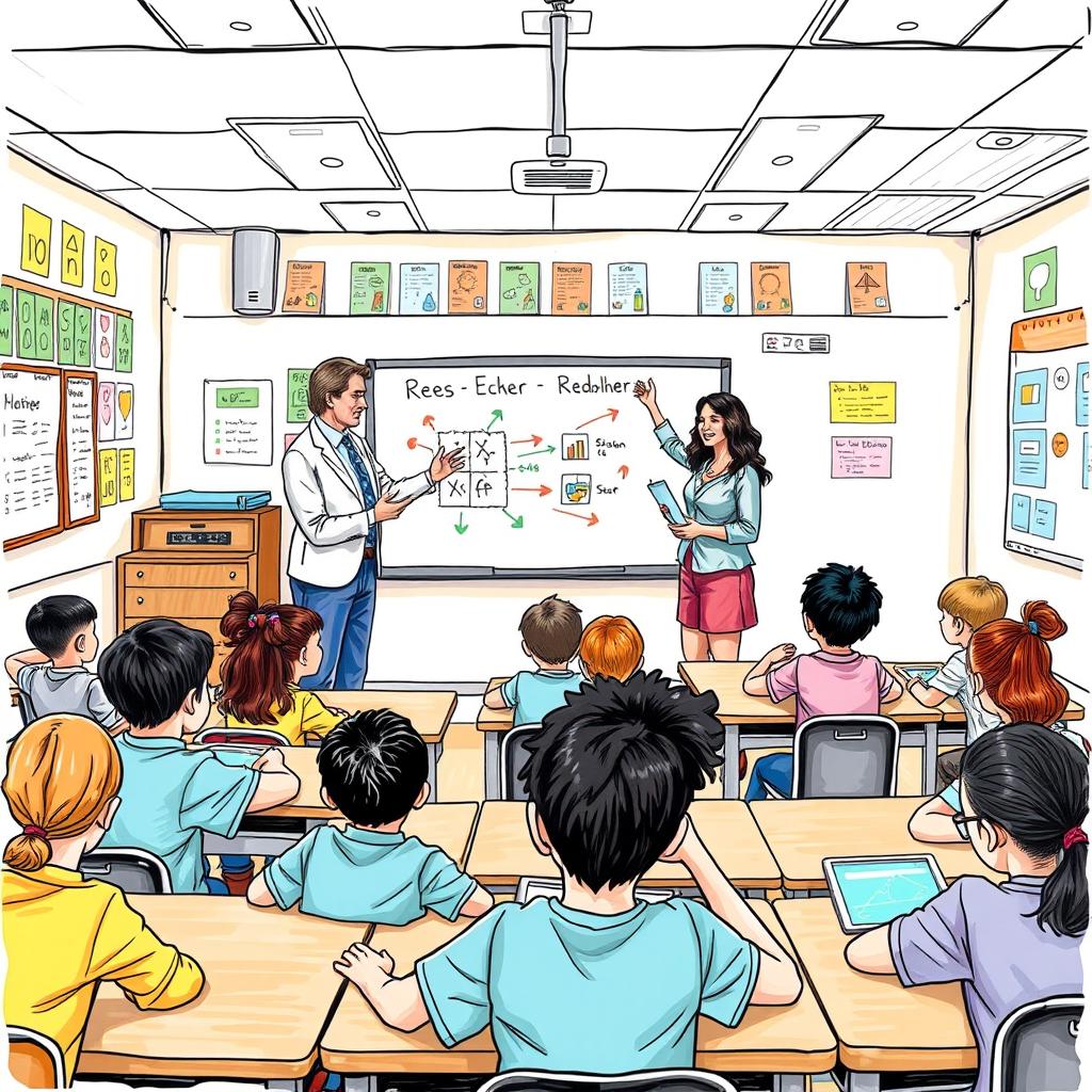 A detailed, hand-drawn illustration showcasing the Rees and Ecker method in education