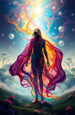 A visually striking representation of 'The Lost Identity', showcasing a mystical figure shrouded in a swirl of vibrant colors and abstract patterns, symbolizing the complexity of self-discovery