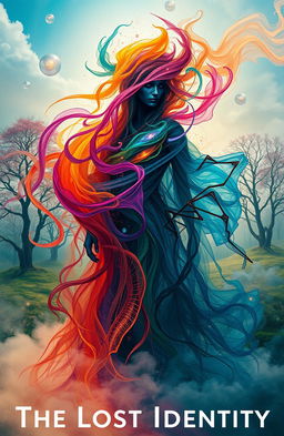 A visually striking representation of 'The Lost Identity', showcasing a mystical figure shrouded in a swirl of vibrant colors and abstract patterns, symbolizing the complexity of self-discovery