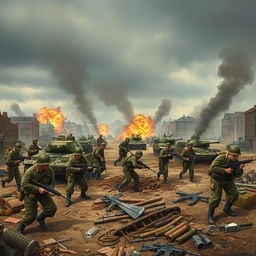 A historically-inspired artwork depicting a World War 2 battlefield scene