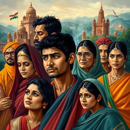 An evocative representation of 'The Lost Identity of Indians', featuring a diverse group of Indian individuals adorned in traditional and modern attire, symbolizing the rich cultural heritage and the struggle of maintaining identity in a rapidly changing world