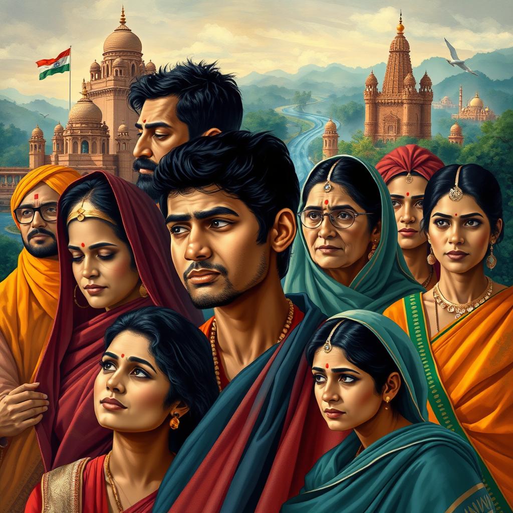 An evocative representation of 'The Lost Identity of Indians', featuring a diverse group of Indian individuals adorned in traditional and modern attire, symbolizing the rich cultural heritage and the struggle of maintaining identity in a rapidly changing world
