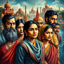 An evocative representation of 'The Lost Identity of Indians', featuring a diverse group of Indian individuals adorned in traditional and modern attire, symbolizing the rich cultural heritage and the struggle of maintaining identity in a rapidly changing world