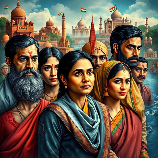An evocative representation of 'The Lost Identity of Indians', featuring a diverse group of Indian individuals adorned in traditional and modern attire, symbolizing the rich cultural heritage and the struggle of maintaining identity in a rapidly changing world