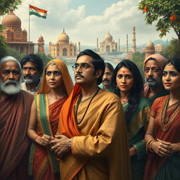 An evocative representation of 'The Lost Identity of Indians', featuring a diverse group of Indian individuals adorned in traditional and modern attire, symbolizing the rich cultural heritage and the struggle of maintaining identity in a rapidly changing world