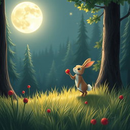 In a serene grassland under the shimmering moonlight, a small rabbit named Pip discovers a bright red berry