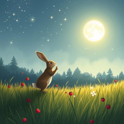 In a serene grassland under the shimmering moonlight, a small rabbit named Pip discovers a bright red berry
