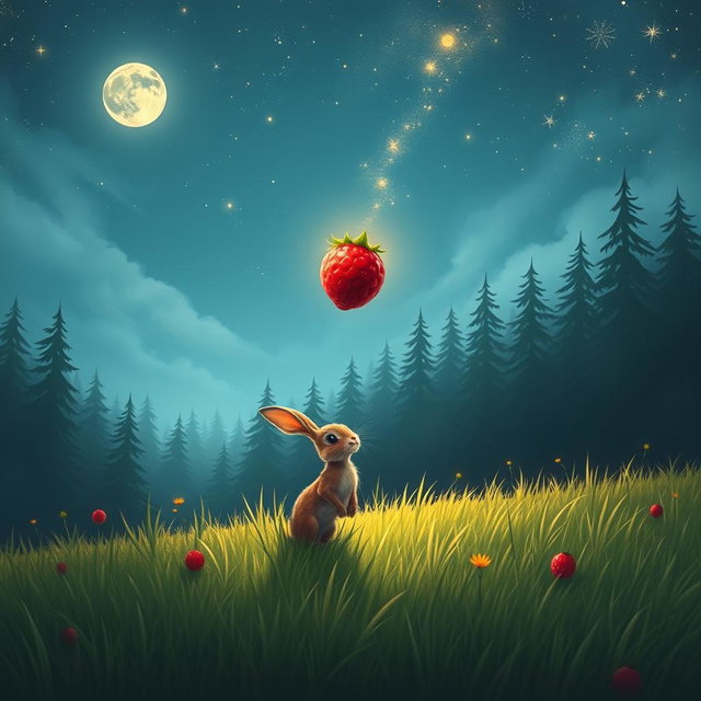 In a serene grassland under the shimmering moonlight, a small rabbit named Pip discovers a bright red berry