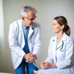 A sincere and empathetic doctor discussing health concerns with a patient in a calm, comforting, and clean medical room.