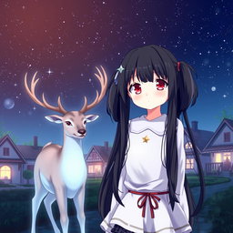 An anime girl with striking red eyes and long black hair styled in two side ponytails, standing in a serene village under a starry night sky