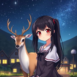 An anime girl with striking red eyes and long black hair styled in two side ponytails, standing in a serene village under a starry night sky