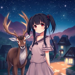 An anime girl with striking red eyes and long black hair styled in two side ponytails, standing in a serene village under a starry night sky