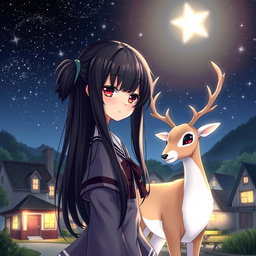 An anime girl with striking red eyes and long black hair styled in two side ponytails, standing in a serene village under a starry night sky