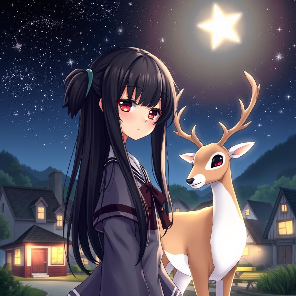 An anime girl with striking red eyes and long black hair styled in two side ponytails, standing in a serene village under a starry night sky