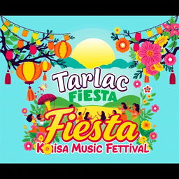 A vibrant and colorful poster for Tarlac City Fiesta, also known as the Pana Pana Festival, featuring traditional elements such as local cultural icons, musical instruments, and festive decorations