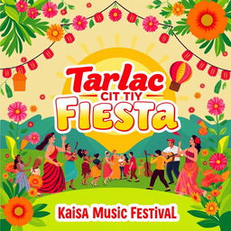 A vibrant and colorful poster for Tarlac City Fiesta, also known as the Pana Pana Festival, featuring traditional elements such as local cultural icons, musical instruments, and festive decorations