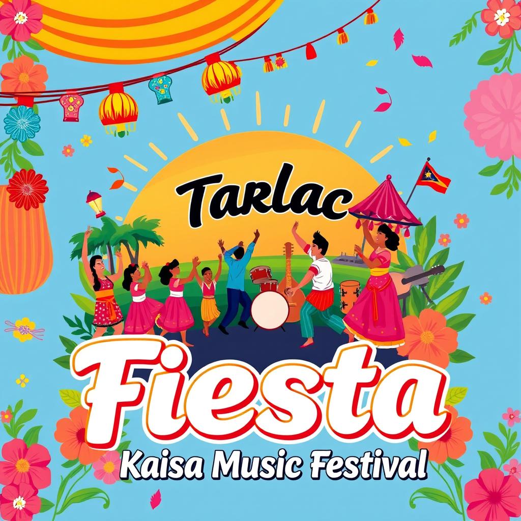 A vibrant and colorful poster for Tarlac City Fiesta, also known as the Pana Pana Festival, featuring traditional elements such as local cultural icons, musical instruments, and festive decorations