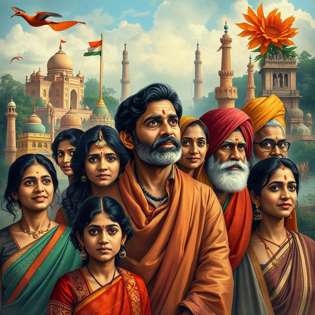 An evocative representation of 'The Lost Identity of Indians', featuring a diverse group of Indian individuals adorned in traditional and modern attire, symbolizing the rich cultural heritage and the struggle of maintaining identity in a rapidly changing world