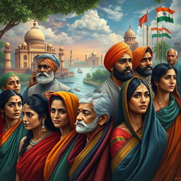 An evocative representation of 'The Lost Identity of Indians', featuring a diverse group of Indian individuals adorned in traditional and modern attire, symbolizing the rich cultural heritage and the struggle of maintaining identity in a rapidly changing world