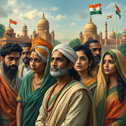 An evocative representation of 'The Lost Identity of Indians', featuring a diverse group of Indian individuals adorned in traditional and modern attire, symbolizing the rich cultural heritage and the struggle of maintaining identity in a rapidly changing world