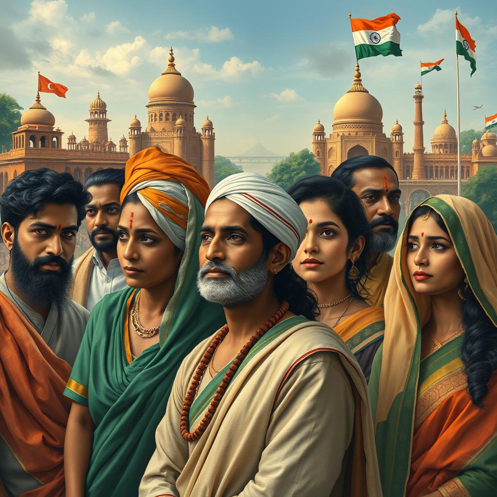 An evocative representation of 'The Lost Identity of Indians', featuring a diverse group of Indian individuals adorned in traditional and modern attire, symbolizing the rich cultural heritage and the struggle of maintaining identity in a rapidly changing world
