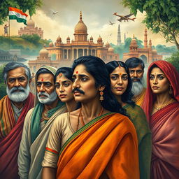 An evocative representation of 'The Lost Identity of Indians', featuring a diverse group of Indian individuals adorned in traditional and modern attire, symbolizing the rich cultural heritage and the struggle of maintaining identity in a rapidly changing world