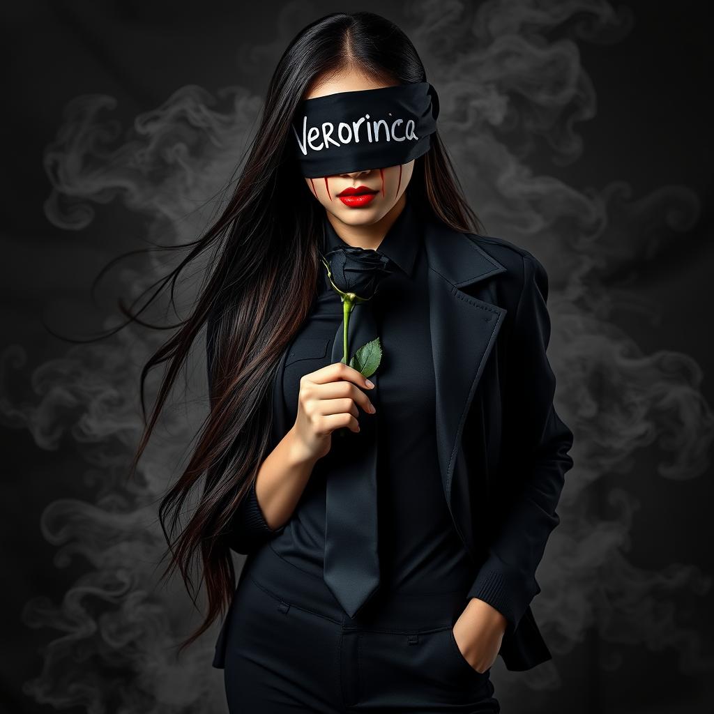 A striking full-body portrait of a beautiful young Asian woman with long flowing hair