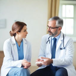 A sincere and empathetic doctor discussing health concerns with a patient in a calm, comforting, and clean medical room.