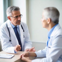 A sincere and empathetic doctor discussing health concerns with a patient in a calm, comforting, and clean medical room.