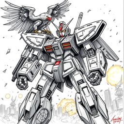 A highly detailed sketch of a powerful Gundam robot, standing in a dynamic pose
