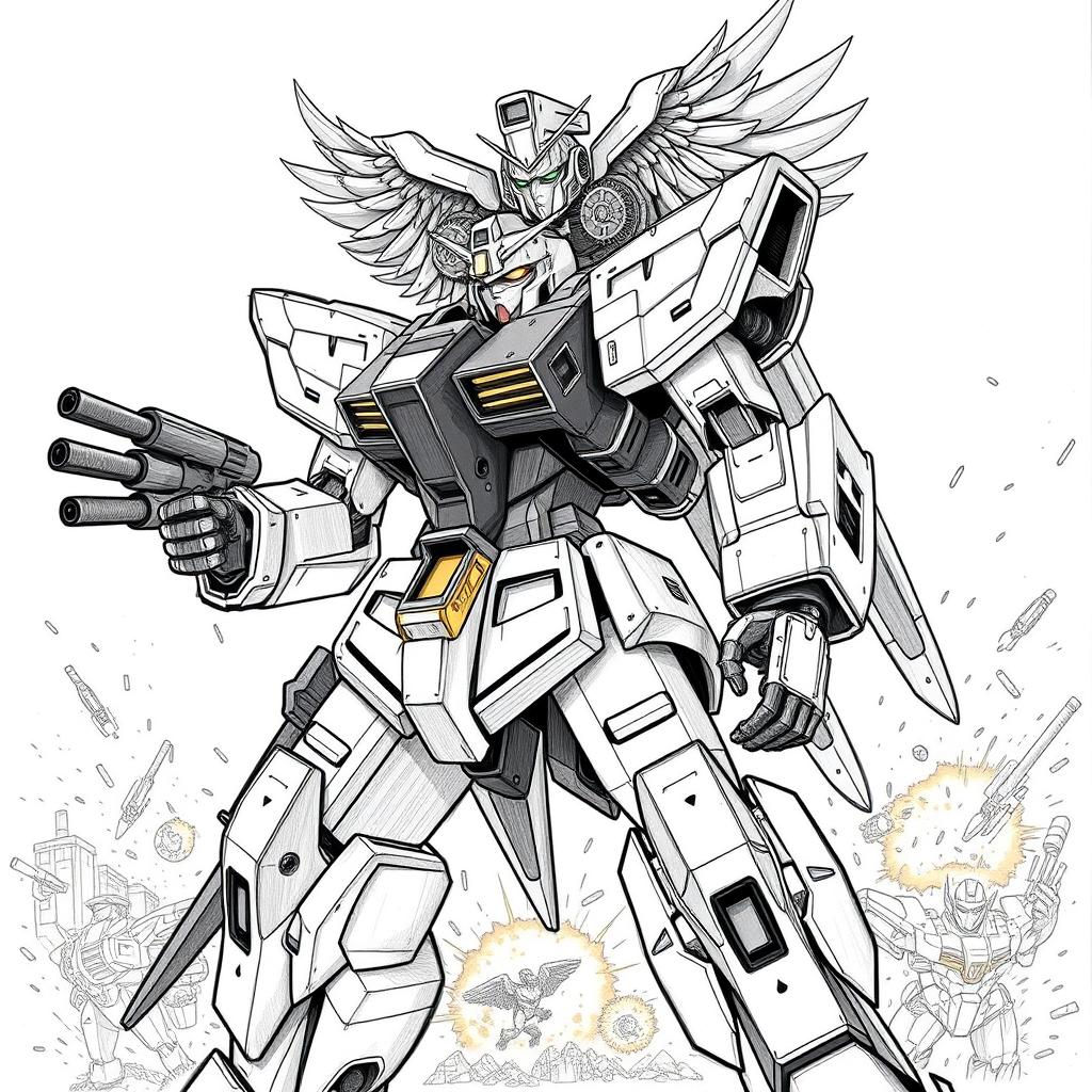 A highly detailed sketch of a powerful Gundam robot, standing in a dynamic pose