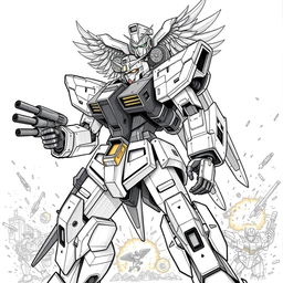 A highly detailed sketch of a powerful Gundam robot, standing in a dynamic pose