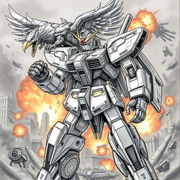 A highly detailed sketch of a powerful Gundam robot, standing in a dynamic pose