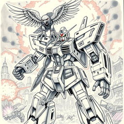 A highly detailed sketch of a powerful Gundam robot, standing in a dynamic pose