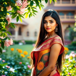 A beautiful Indian girl with long black hair and striking features, wearing a vibrant traditional saree adorned with intricate patterns and rich colors