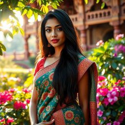 A beautiful Indian girl with long black hair and striking features, wearing a vibrant traditional saree adorned with intricate patterns and rich colors