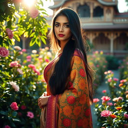 A beautiful Indian girl with long black hair and striking features, wearing a vibrant traditional saree adorned with intricate patterns and rich colors