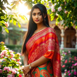 A beautiful Indian girl with long black hair and striking features, wearing a vibrant traditional saree adorned with intricate patterns and rich colors