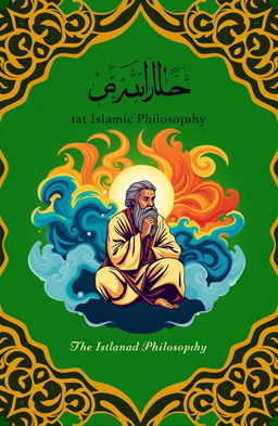 A book cover design showcasing Islamic philosophy, featuring an intricate geometric pattern inspired by Islamic art as a background